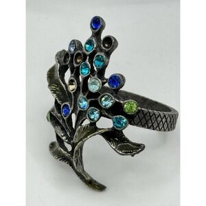 Vintage Scarf Ring Slide Blue Green Rhinestones Tree Branch USA Missing Stones